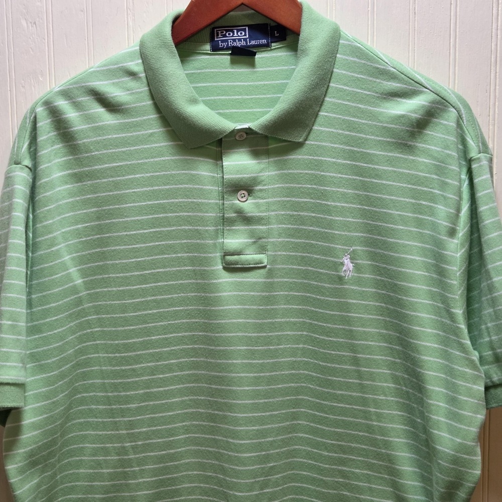 Polo Ralph Lauren Polo Shirt Mens L Green Striped Short Sleeve Collared Knit